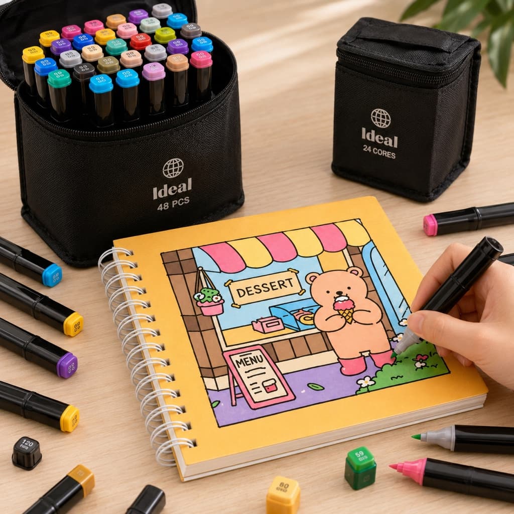 Kit Livro Colorir Goods 50 Folhas+Estojo de Canetinhas Hidrográficas 48/36/24 Cores Desenho Infantil