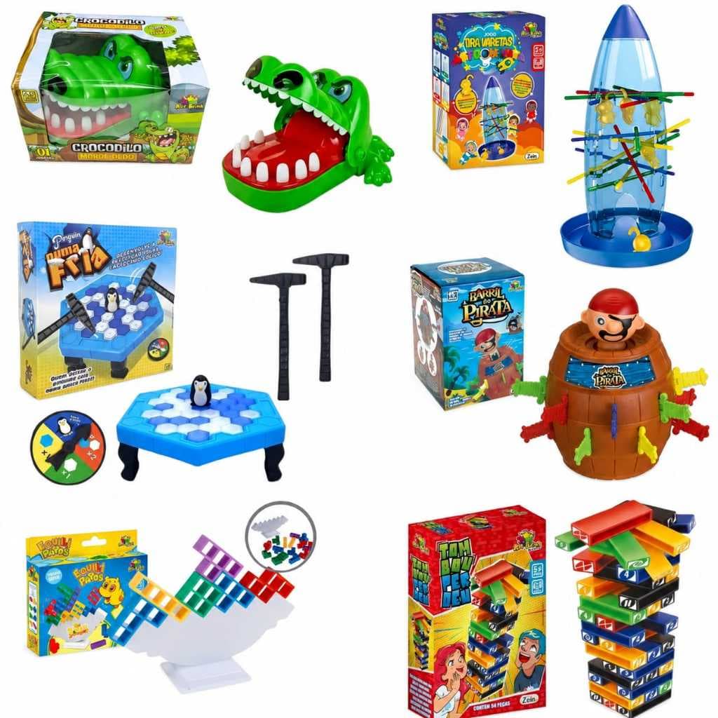 kit com 6 brinquedos(mini sapinho+latinha 4d+crocodilo morde dedo+tira vareta+tombou+equilipatos)