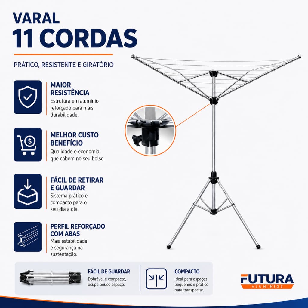 Varal de Chão Giratório 11 Cordas em Alumínio Grande Alta Resistência