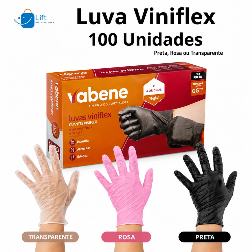 Luva Viniflex Descartável 100 Unidades Rosa, Preta e Transparente Vabene Sem Pó P, M, G ou GG