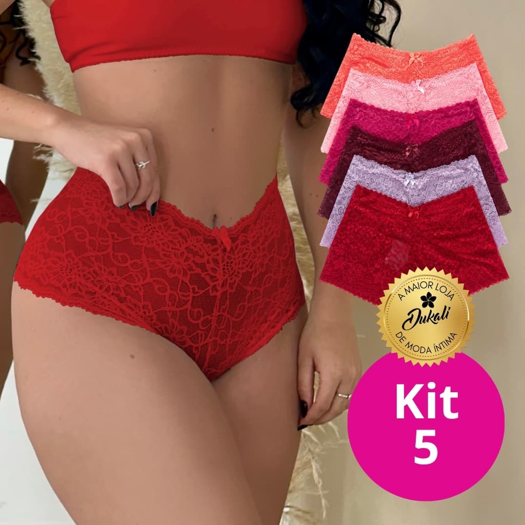 Kit 5 Calcinhas Caleçon de Renda Jacquard Verdadeira Feminina Boxer Alta
