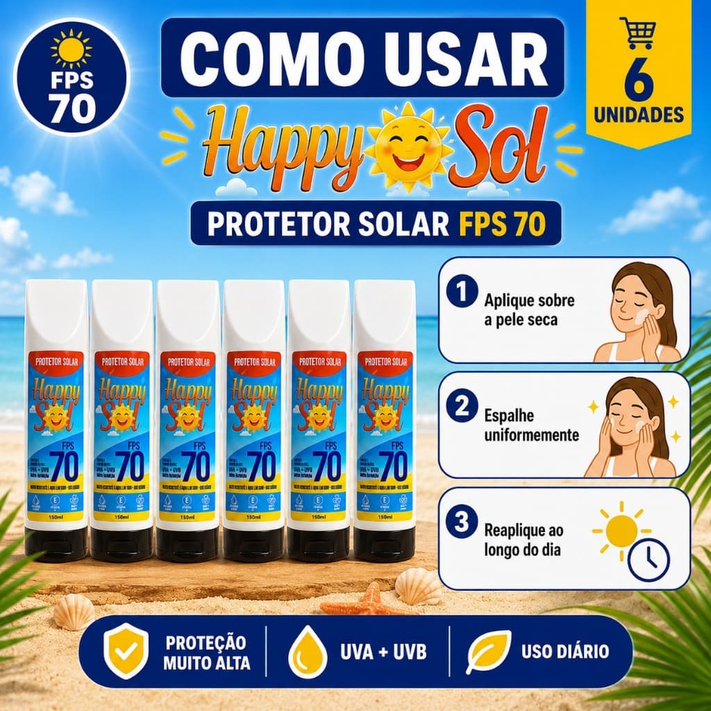 Kit 6 Protetor Solar Fps 70 Facial e Corporal C/ TOQUE SECO, ROSTO E CORPO, RESISTENTE A AGUA