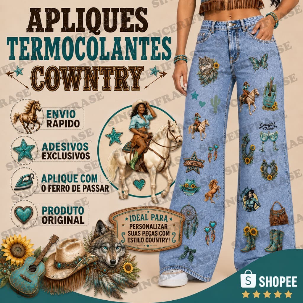 Adesivo Country para Personalizar Calça Jeans, Jaqueta e Roupas | Aplique Termocolante Aplicar Com Ferro de Passar