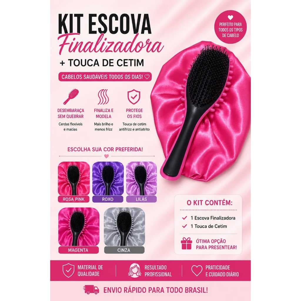 Kit Escova Modeladora de cachos + Touca de Cetim Dupla Face | Desembaraça sem Quebrar os Fios | Cores Sortidas