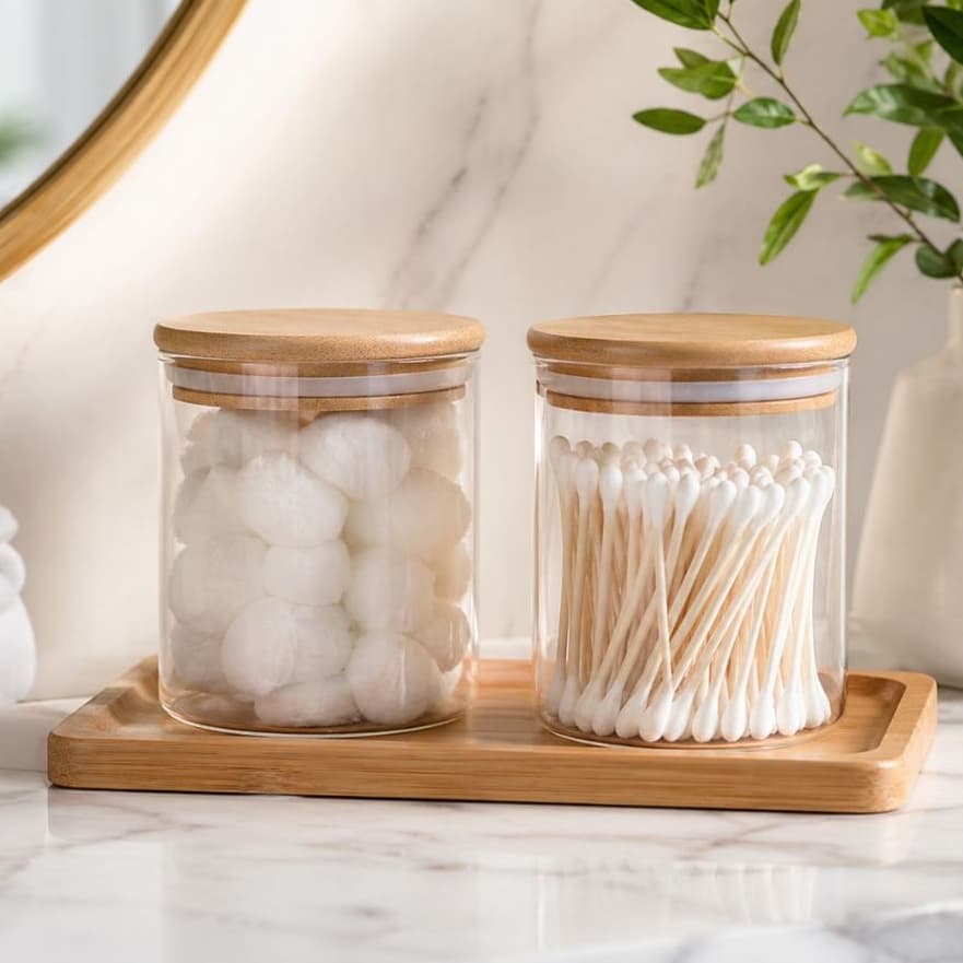 Kit 2 Porta Algodão E Cotonete Hermético Vidro Resistente 300ml Tampa Bambu Alta Vedação