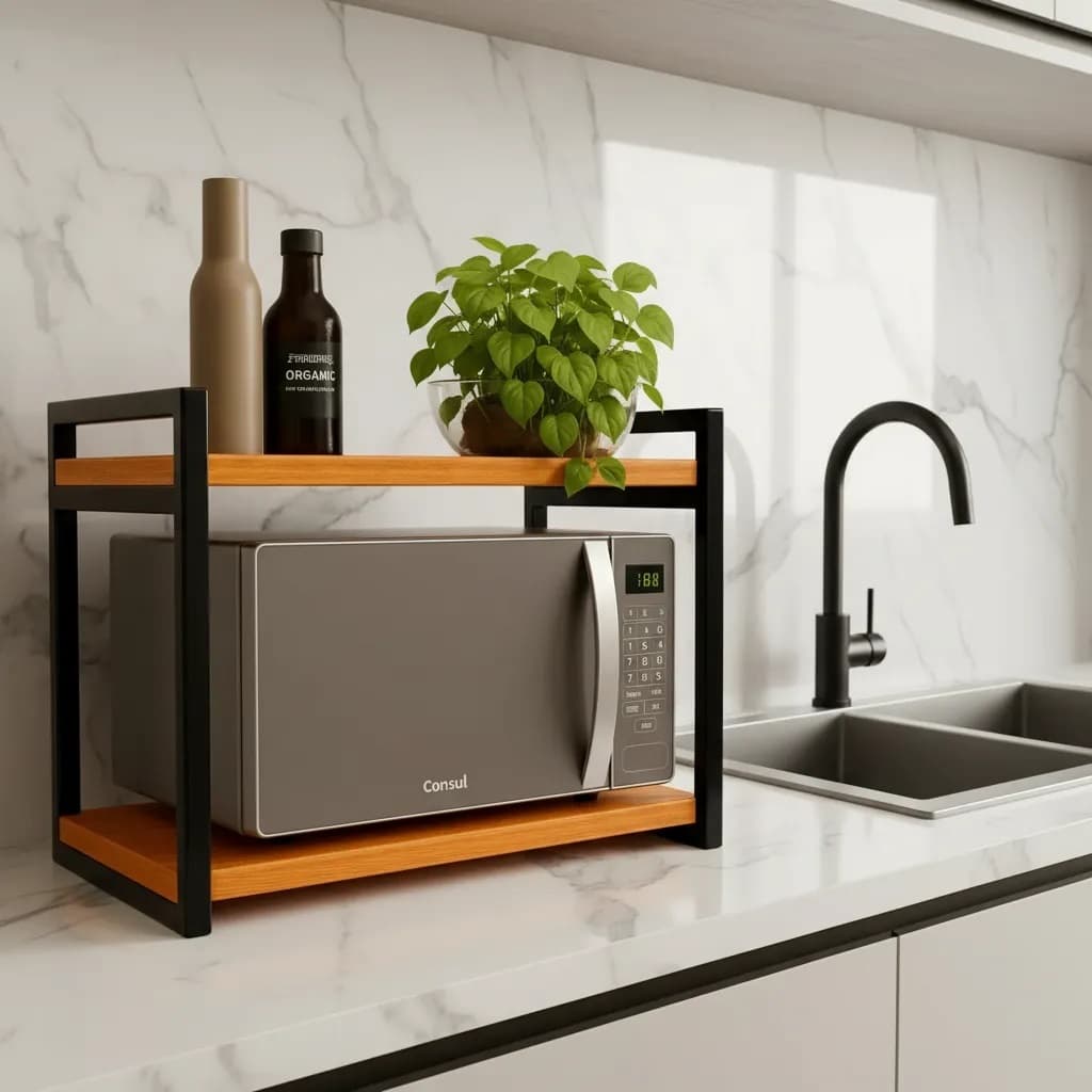 Suporte Para Forno Microondas 60 Cm Em Ferro E Madeira