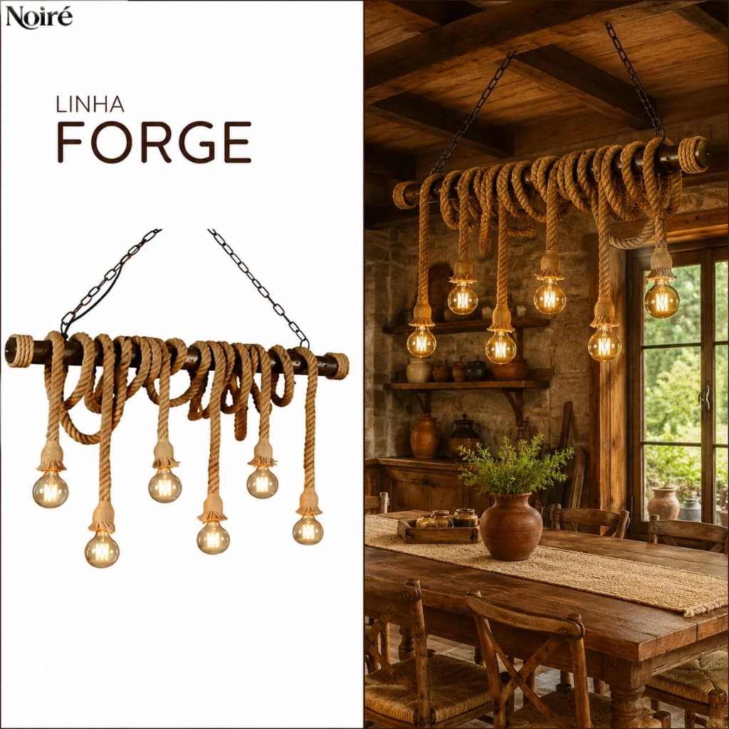 Pendente Voltas Forge Rústico de Corda E27 Bivolt | Corda e Metal | Pendente Decorativo Estilo Fazenda, Área Gourmet