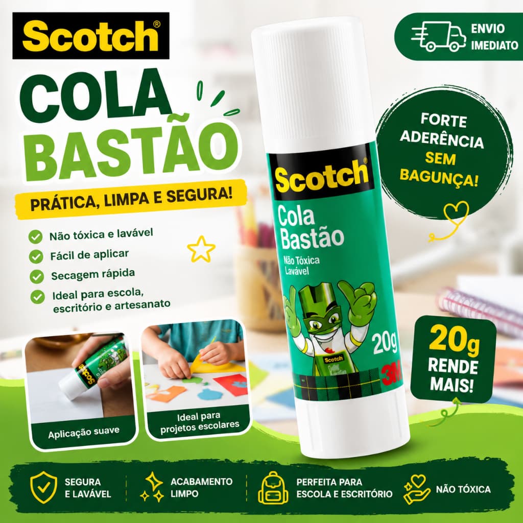 Cola Bastão 20g Scotch 3M Escolar Não Tóxica Lavável Para Papel Artesanato