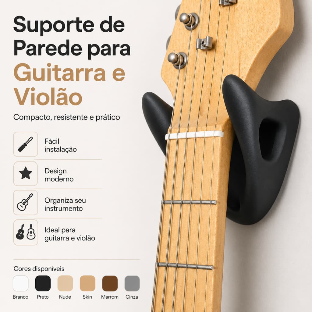 Suporte de Parede para Guitarra, Violão, Baixo, Cavaquinho, Ukulele, Contra-baixo
