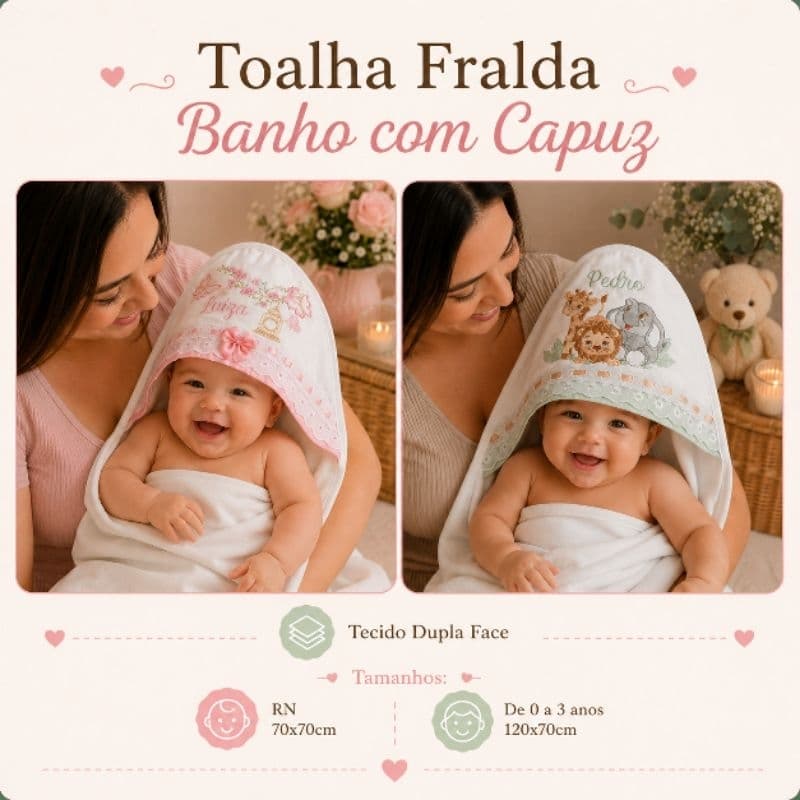 Toalha Fralda Banho com Capuz personalizada com nome do bebê TECIDO FRALDA DUPLA