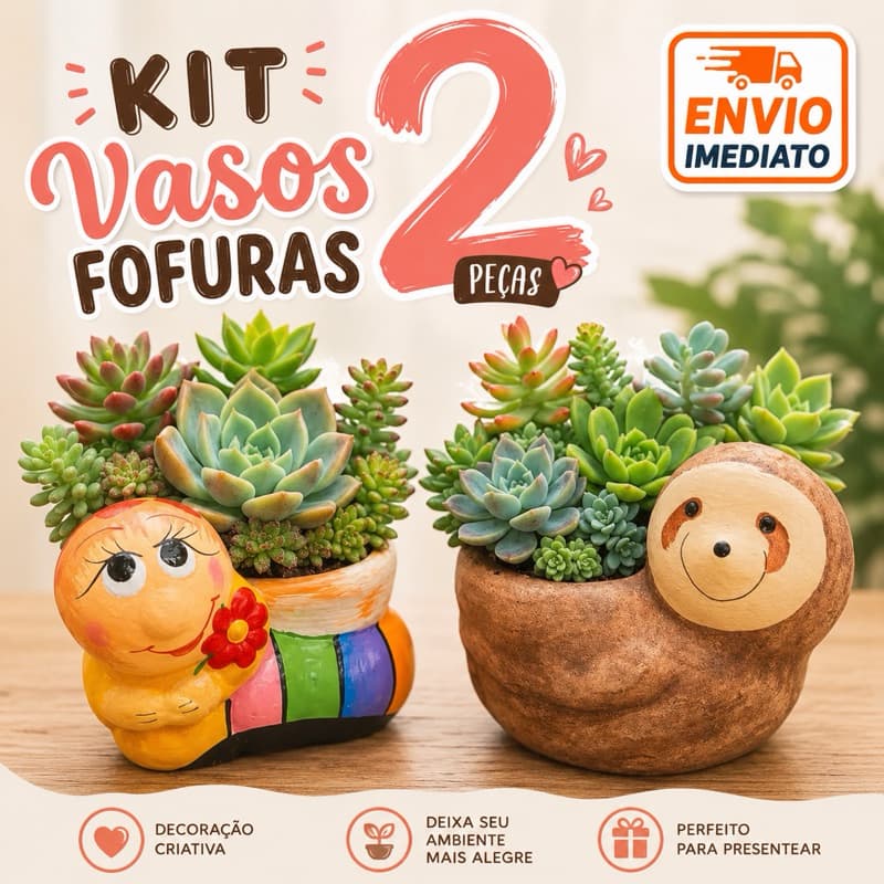 Enfeite Kit Vaso Decorativo Cachepot Cerâmica Plantas Arranjo Suculenta Bicho Preguiça Centopéia Área Externa