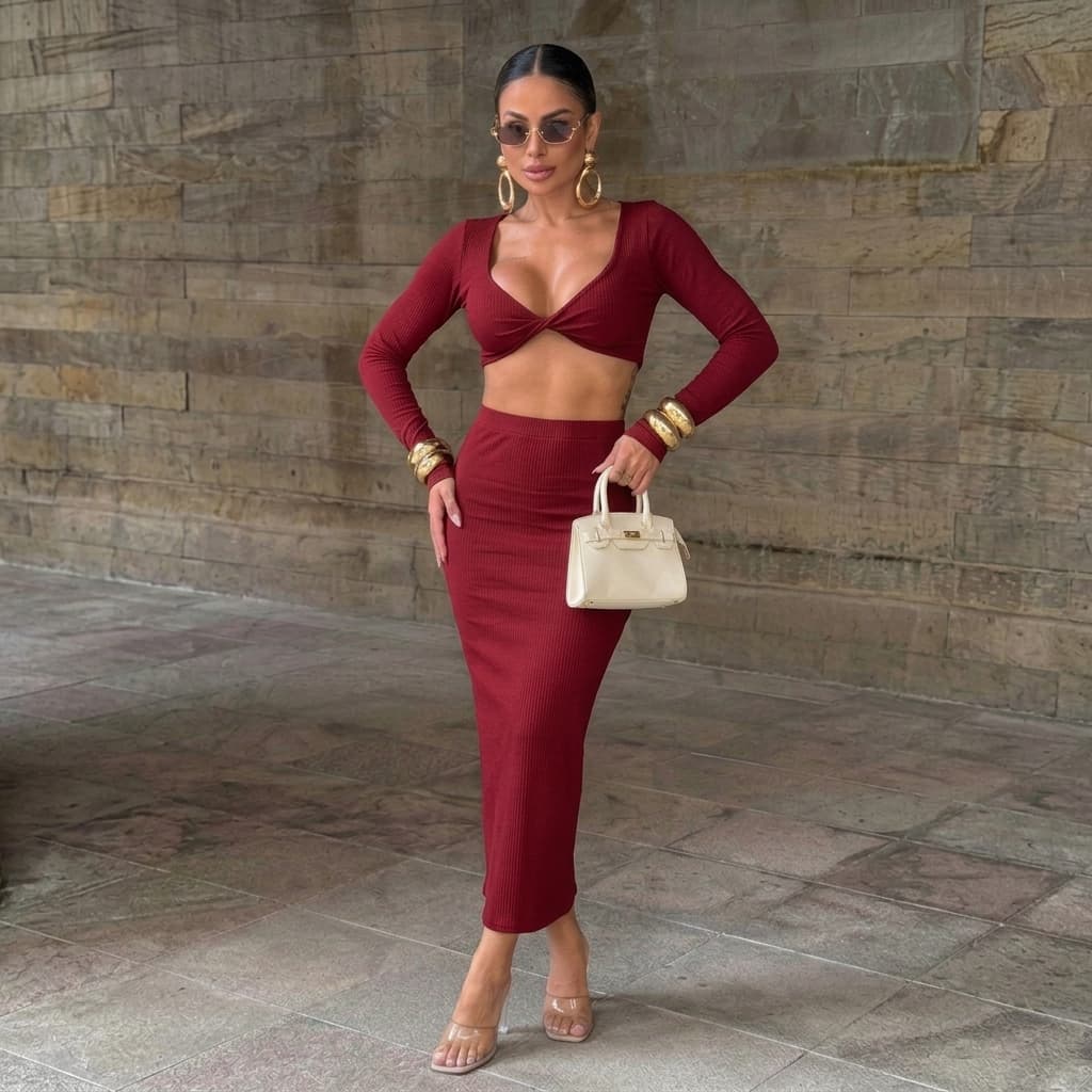 Conjunto 2 Peças Feminino Cropped Decote V Torcido Saia Fenda Elegante Moda Inverno Blogueira Elegante Chic