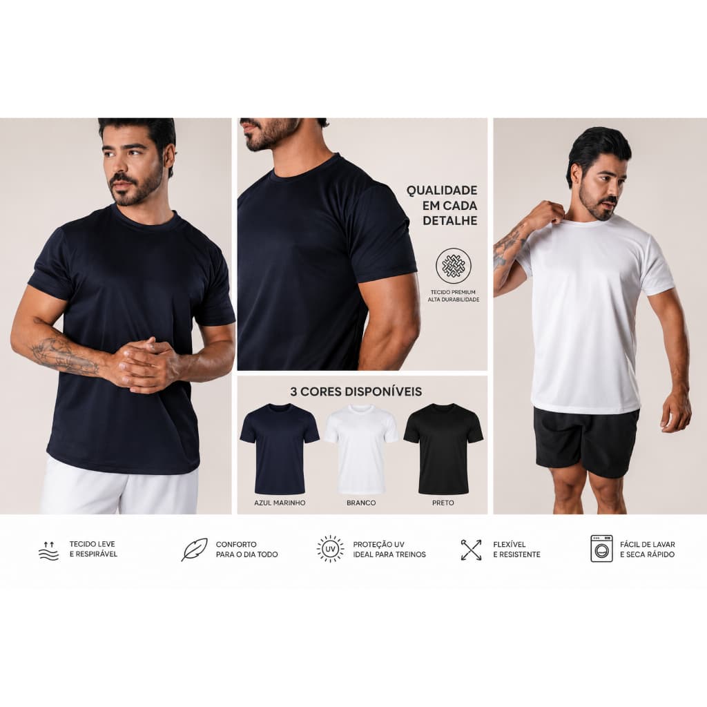 Camiseta Masculina Dry Fit  lisa Academia Treino Fitness Esportiva Manga Curta UV Leve Respirável