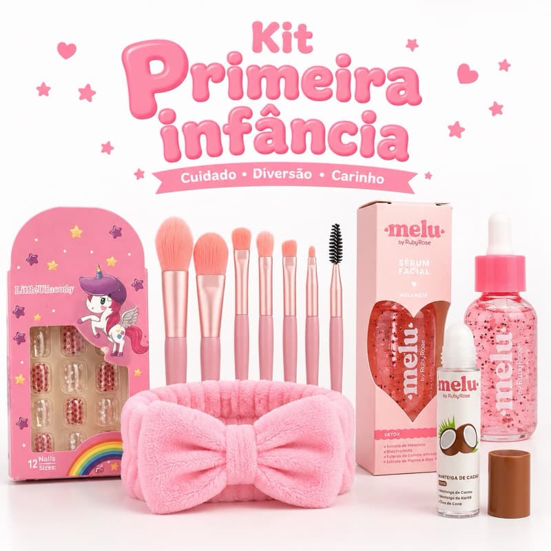 Kit Infantil Completo Presente Menina Skincare Infantil Melu Tiara Pincéis Unhas Postiças Gloss Sérum Facial Spa Kids
