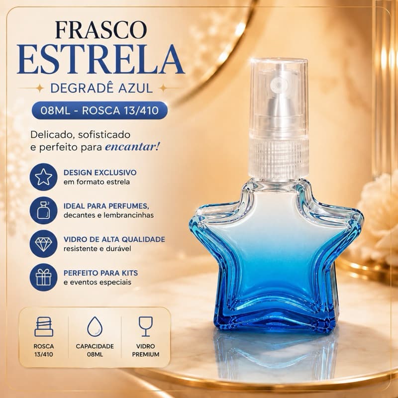 Frasco Vazio de Vidro Estrela Degradê Azul 08ml com válvula spray R.:13/410 Ideal para Lembrancinha Embalagem Artesanato
