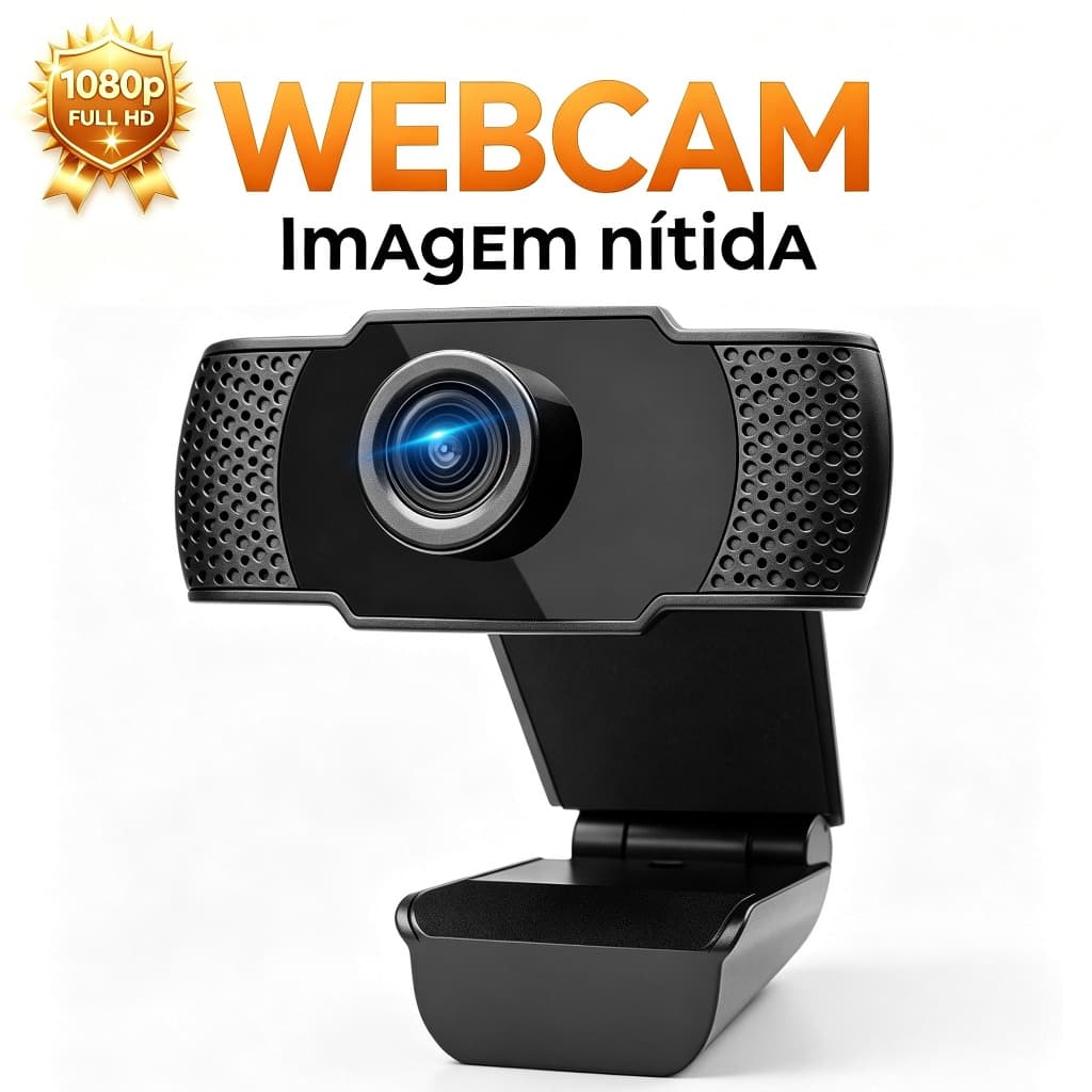Webcam Full HD 1080P USB com Microfone Integrado 120° Foco Fixo Plug & Play para PC Notebook Lives Home Office