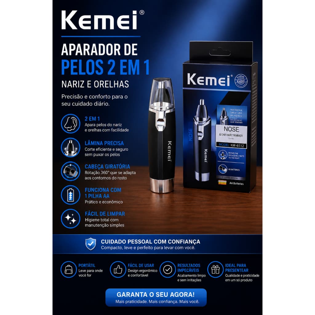 Depilador de Nariz e Orelha Kemei 6512 Máquina de Aparar Pelos Facial Original COD: FN-SU-388