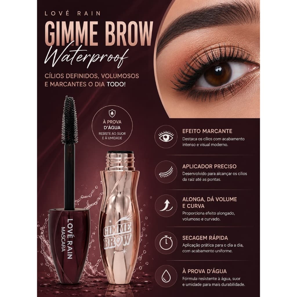 Máscara de Cílios Lové Rain Gimme Brow Alongamento e Volume À Prova D’Água Longa Duração Alta Fixação E Curvatura