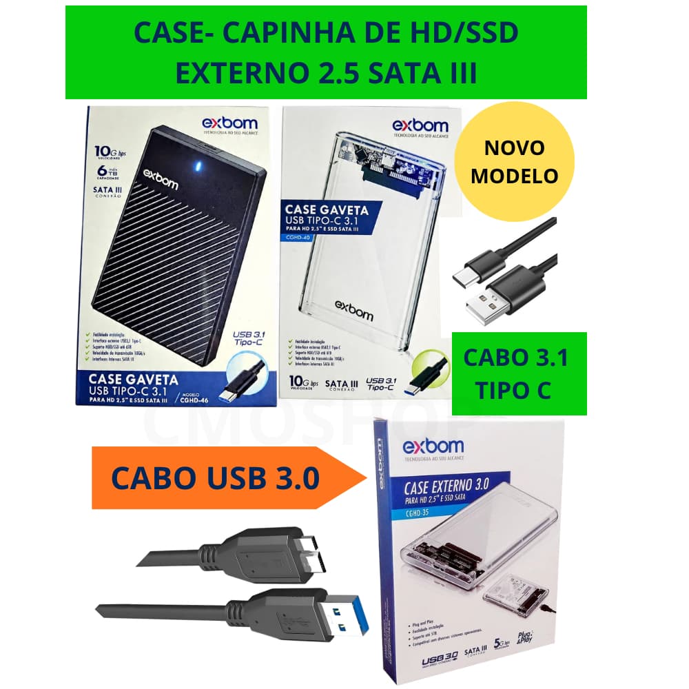 Case HD/SSD Externo Cabo Tipo C 3.1 e USB 3.0 SataIII Transparente/Preto Adaptador/Capinha Exbom
