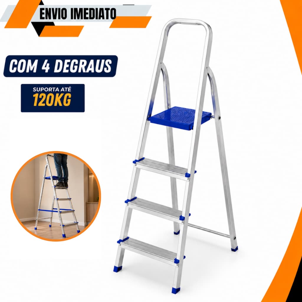 Escada Alumínio 4 Degraus Azul - MOR - Multiuso, Leve, Dobrável, Anti-derrapante, Segura