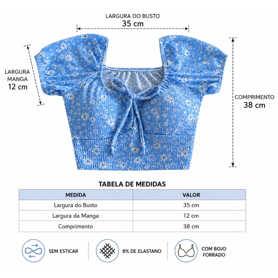 Cropped Feminino Florido Ciganinha Moda Gringa Blogueira Tecido Anarruga Com Bojo Verão Lançamento 2025 Tendência Kend F