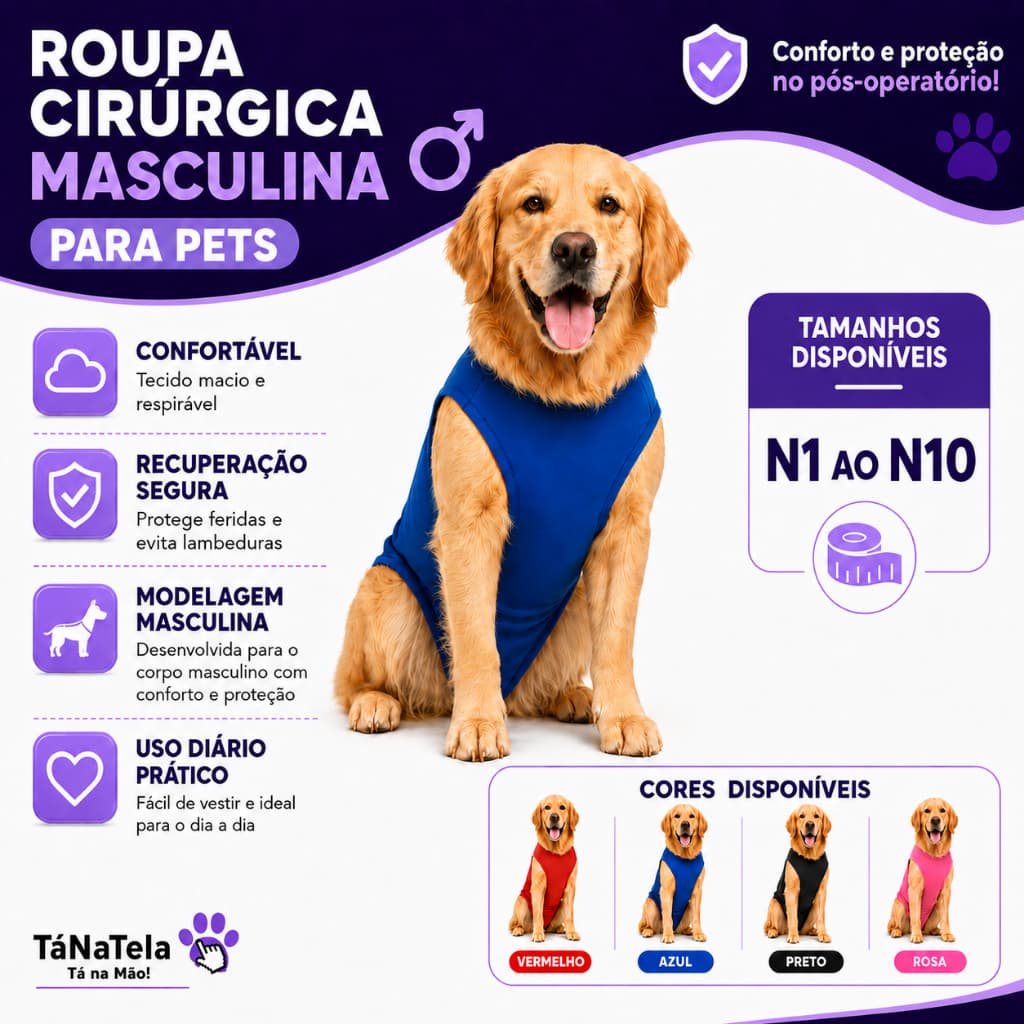 Roupa Cirúrgica Pet Cachorro Macho Pós Operatório Castração Com Zíper