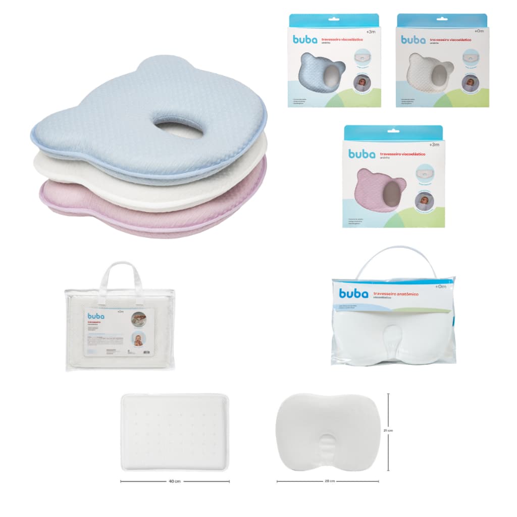 Travesseiro Anatômico Plagiocefalia Para Bebê Anatômico Ursinho BRANCO - AZUL e ROSA - Buba