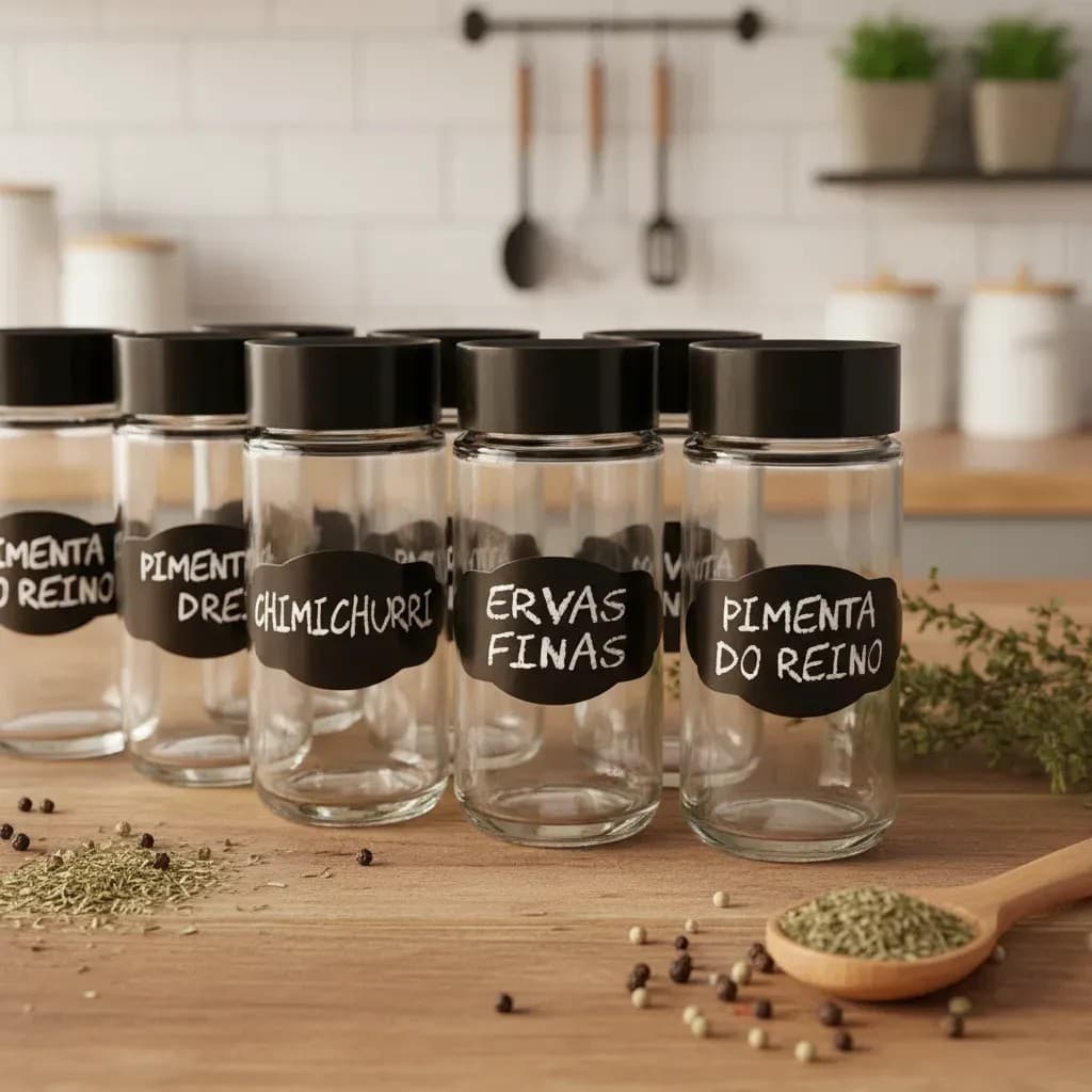 12 Frascos Pote Tempero Condimento Vidro 100ml com tampa plástica e etiqueta impressa com o nome de tempero impresso