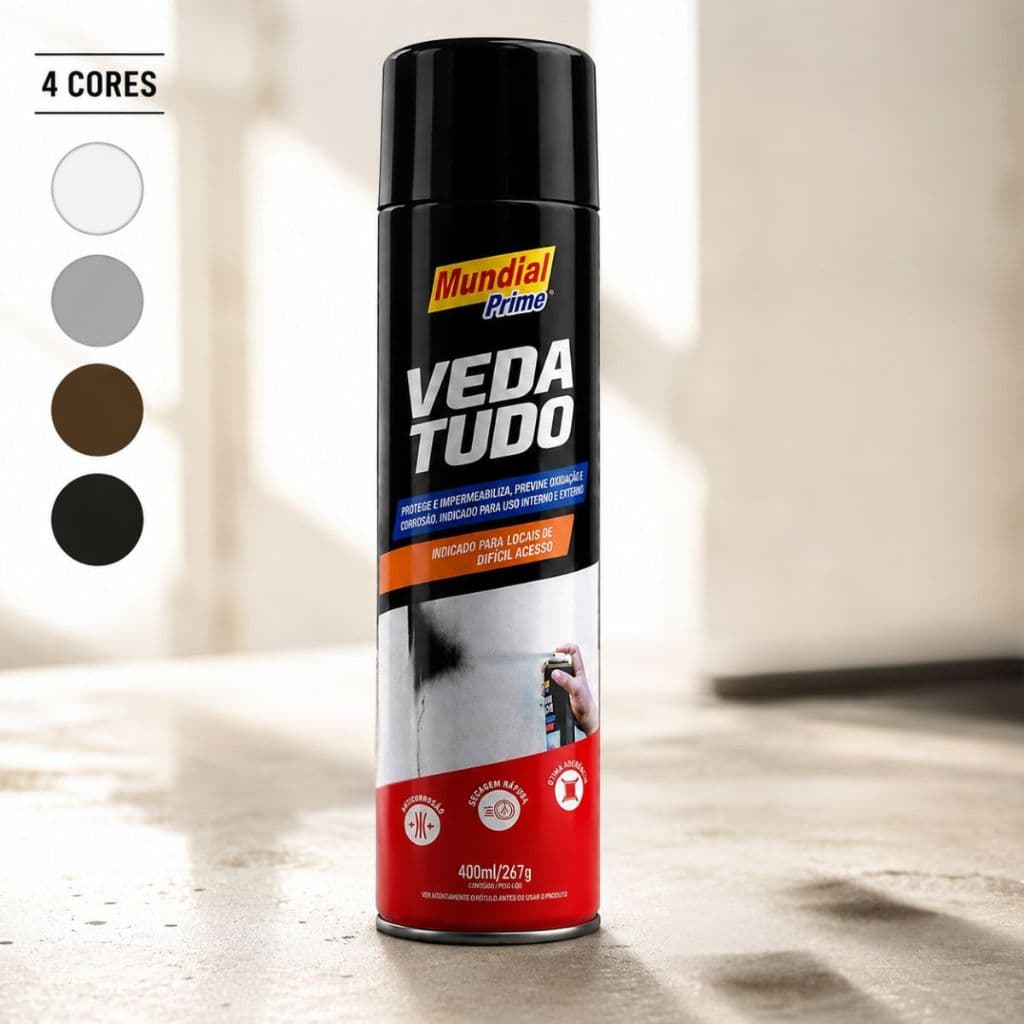 Veda Tudo spray Mundial Prime Preto 400ml Impermeabilizante Multiuso Anticorrosivo