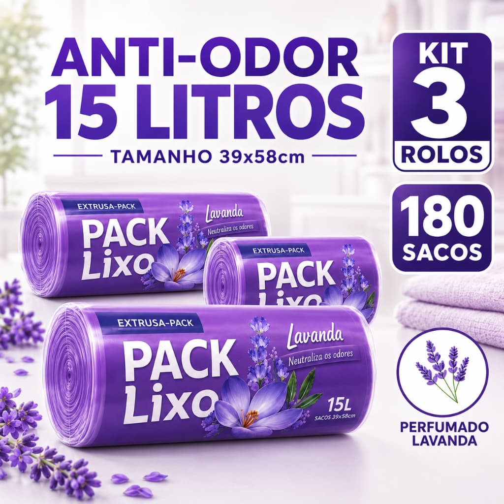 Kit 3 Rolos Saco De Lixo 15L Perfumado Lavanda 180 Sacos Para Cozinha Banheiro Casa