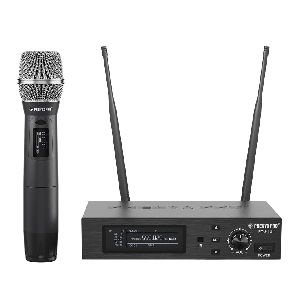 Phenyx Pro PTU-1U Sistema de microfone sem fio True Diversity Auto Scan UHF Microfone dinâmico