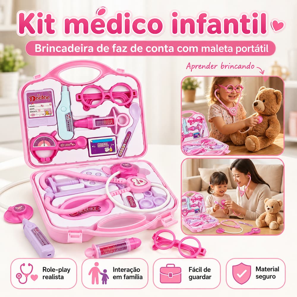 Brinquedo Médico de Criança Estetoscópio Realista Maleta Organizável Jogo de Encenação