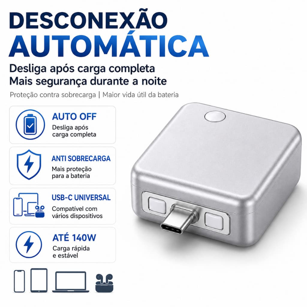 Separador Tipo C Auto Off 140W Alta Potência Chip Duplo Anti Sobrecarga Compatível Tablet Celular