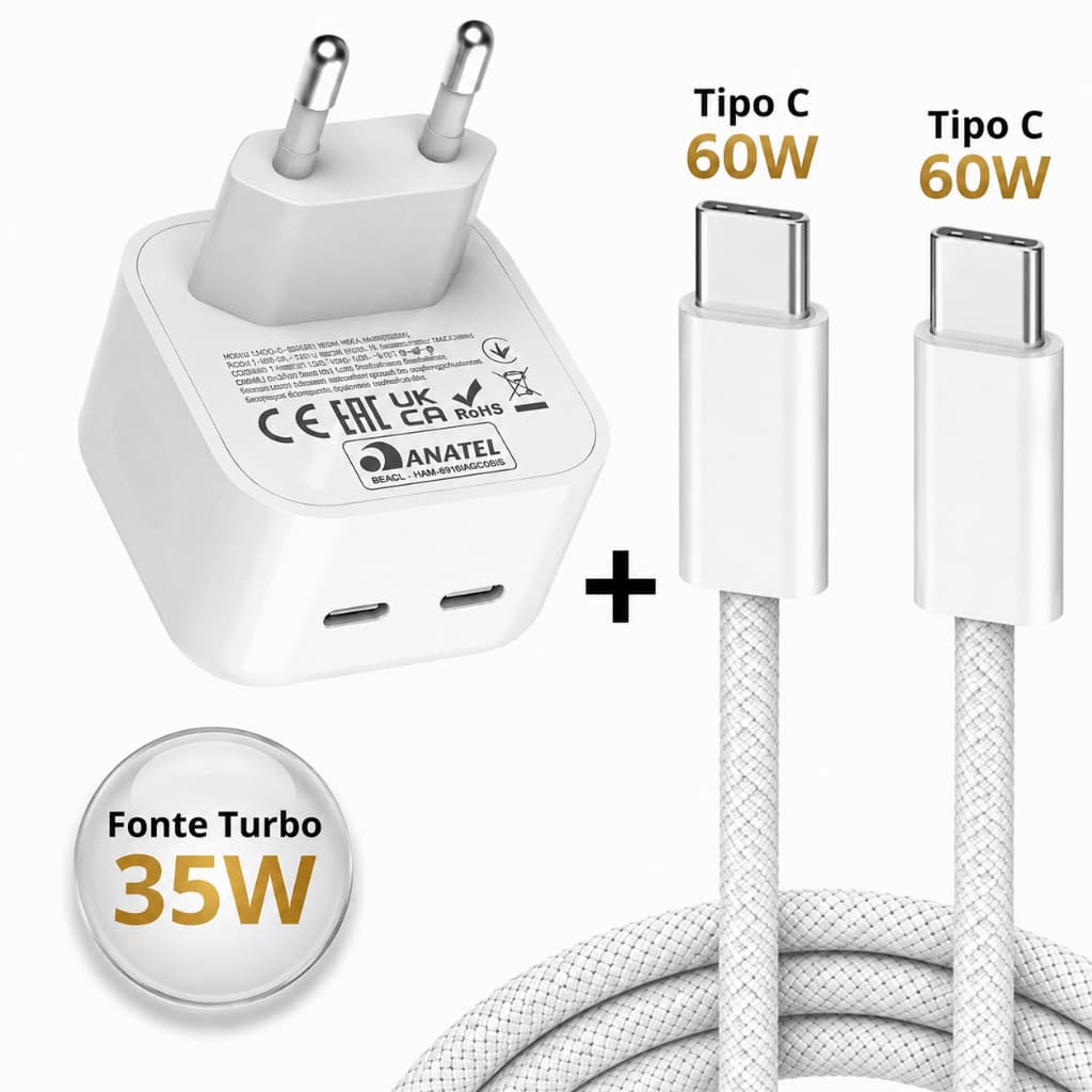 Carregador Turbo 35W + Cabo Tipo C 60w Ultra Resistente Revestido iphone Samsung xiaomi
