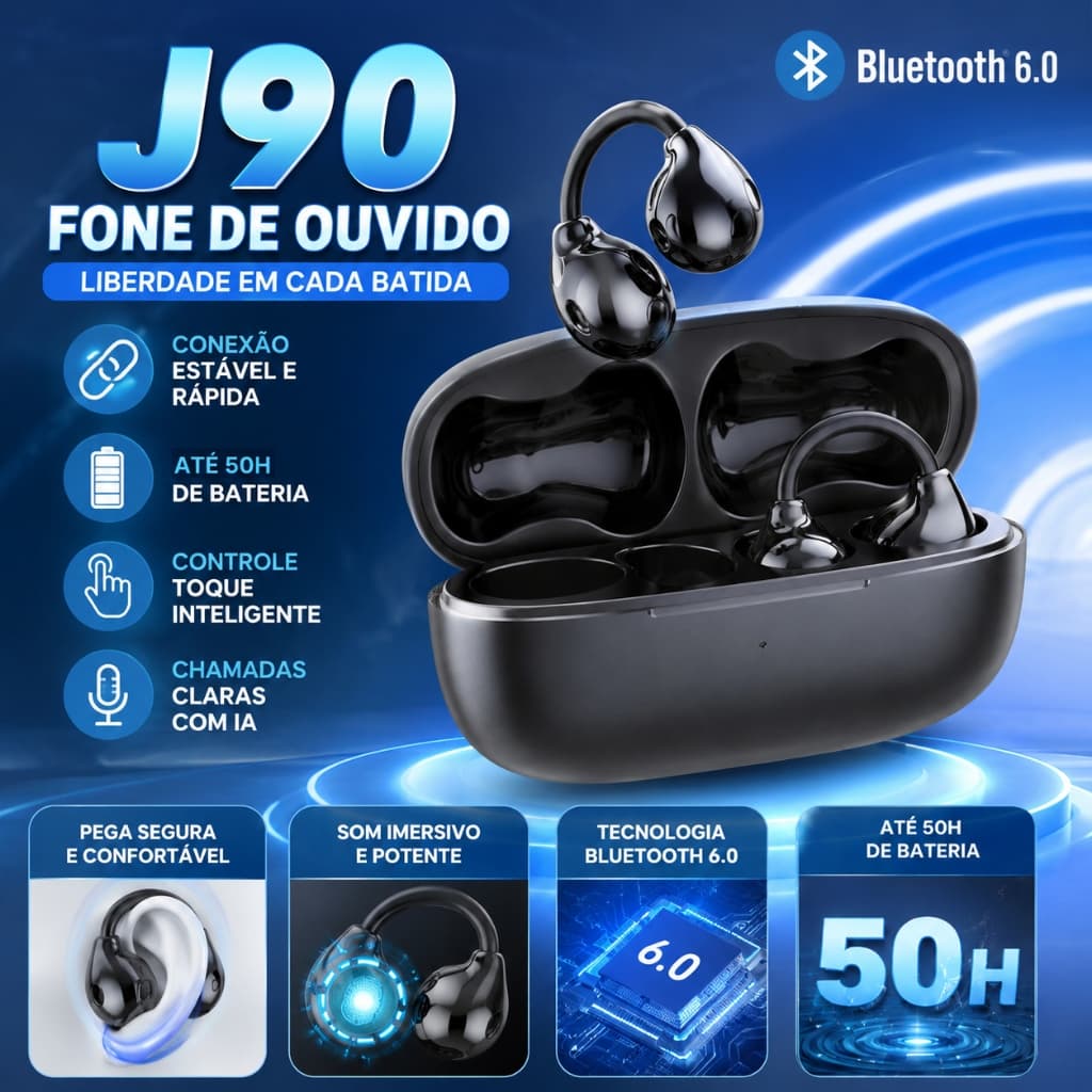 J90 Fone de Ouvido Bluetooth 6.0 Sem Fio TWS com Controle Touch HD Cancelamento de Ruído Bateria de Longa Duração