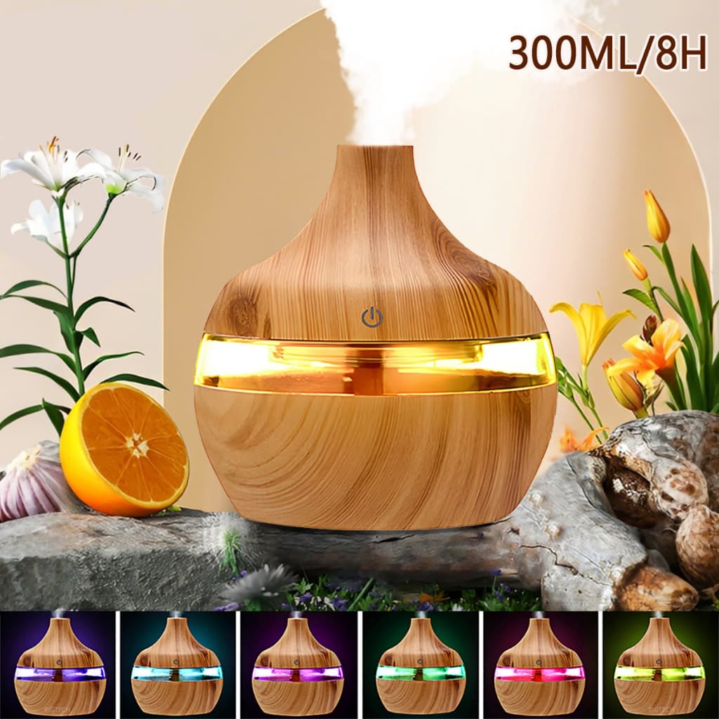 Umidificador Portatil Purificador De Ar E Aromatizador Padrão De Madeira 8H LED Aromatizador De Ambiente Elétrico