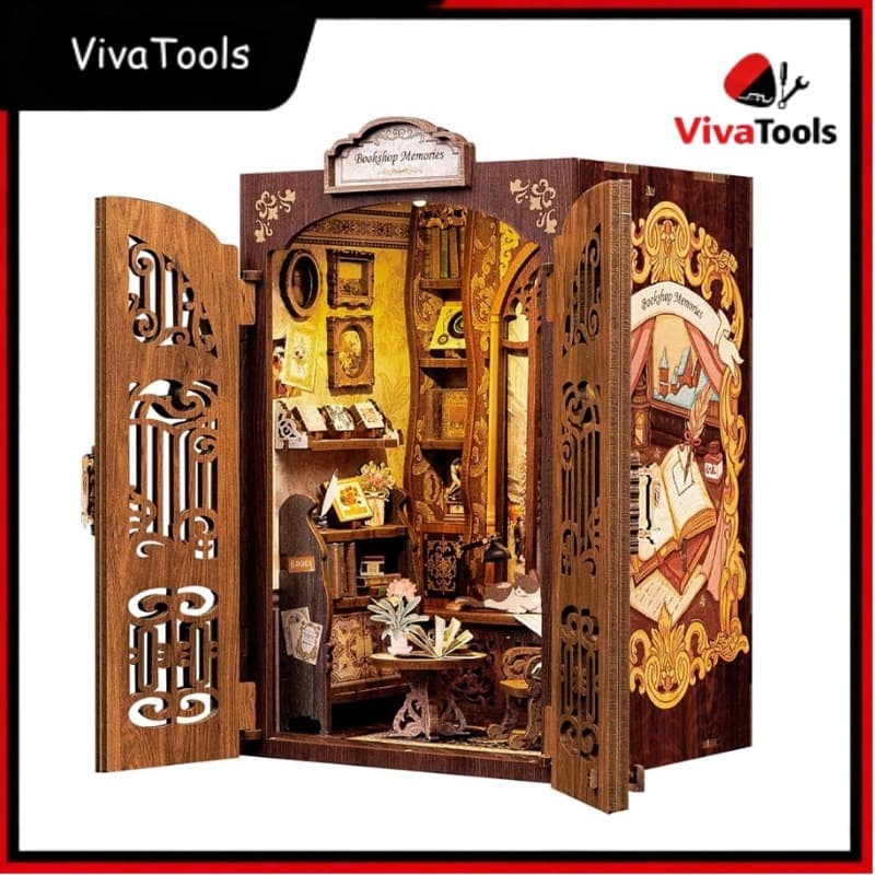 Book Nook Miniatura DIY com Luzes - Organizador de Livros e Decoração de Mesa - Presente Criativo