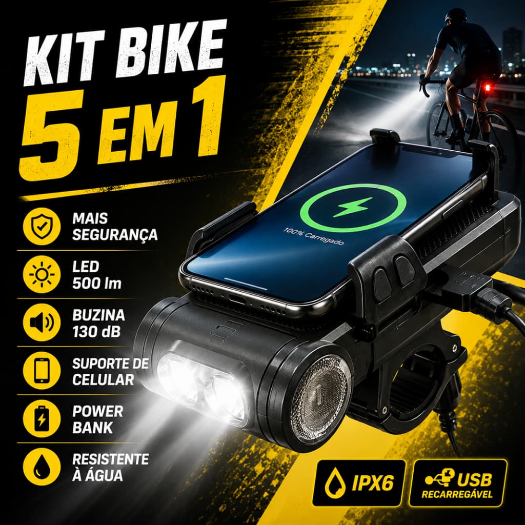 Kit Lanterna Bike Com Buzina 5 Em 1 Multifuncional 10 Horas À Prova D'Água Recarregável
