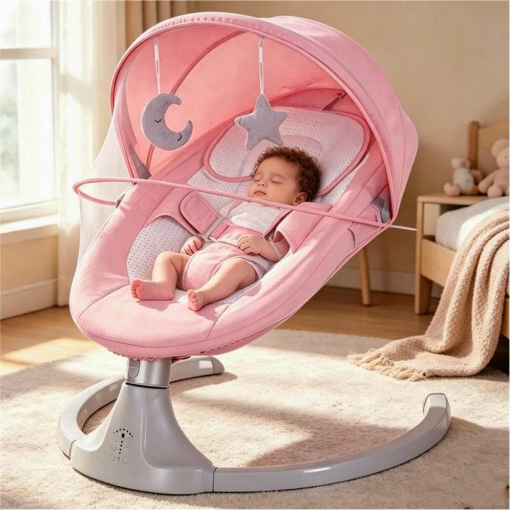 Cadeira de Descanso e Balanço Infantil para Bebê Completa com Música Suave, Mosquiteiro Proteção e Controle Remoto