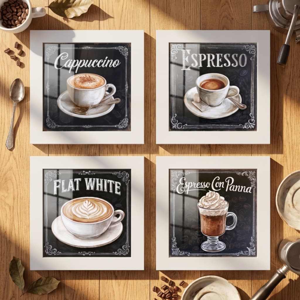 Kit 4 Quadros Decorativos Café Cappuccino Espresso 18x18cm Com Vidro Cozinha Cafeteria Lousa Giz