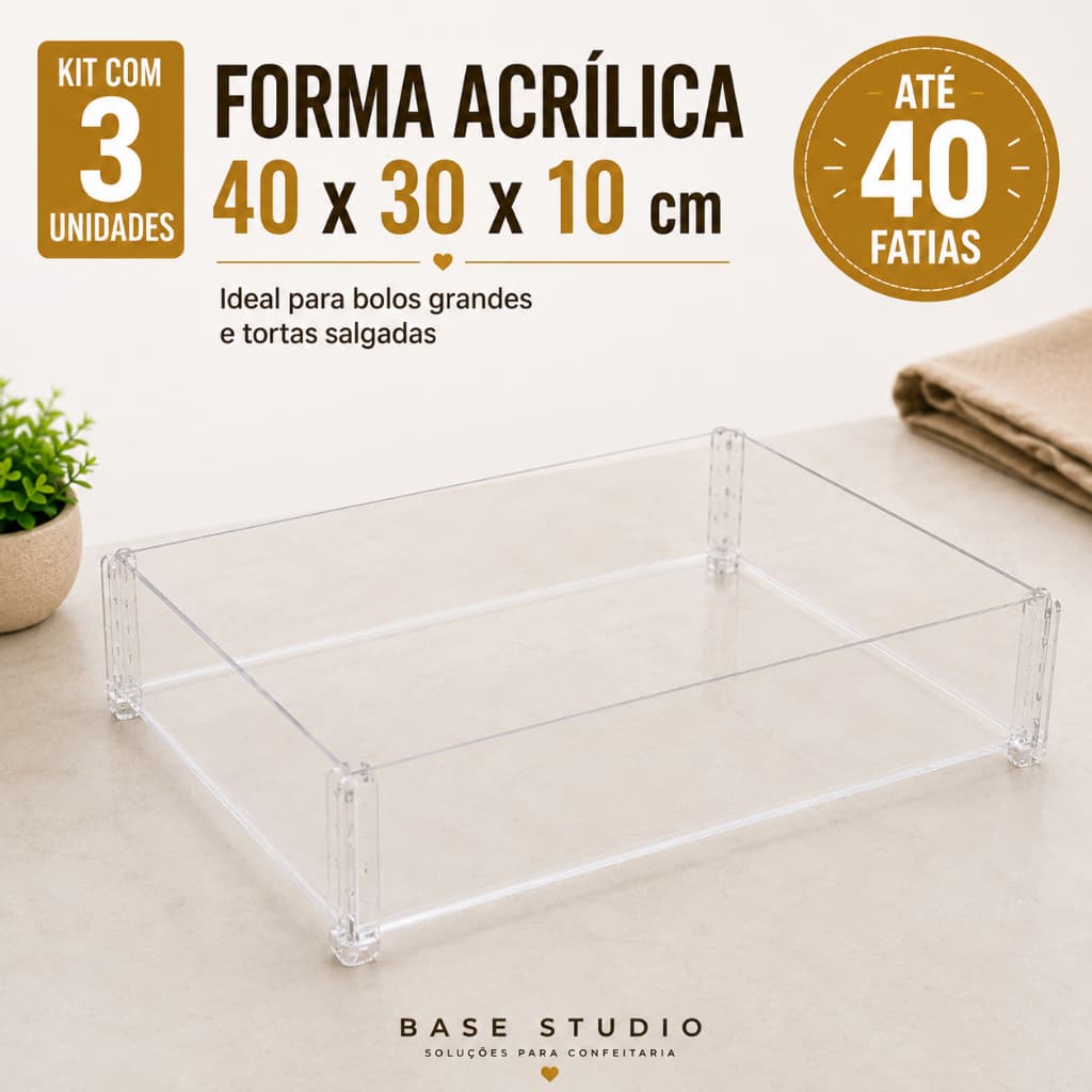 Kit 3 Formas Acrílicas 40x30x10 cm para Bolo Slice Cake Acrílico 3mm Profissional Confeitaria