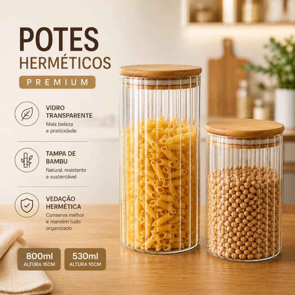 Kit Pote Hermético de Vidro Canelado com Tampa Bambu Multiuso Mantimentos Temperos Casa Cozinha 530ml 800ml Top Demais!!