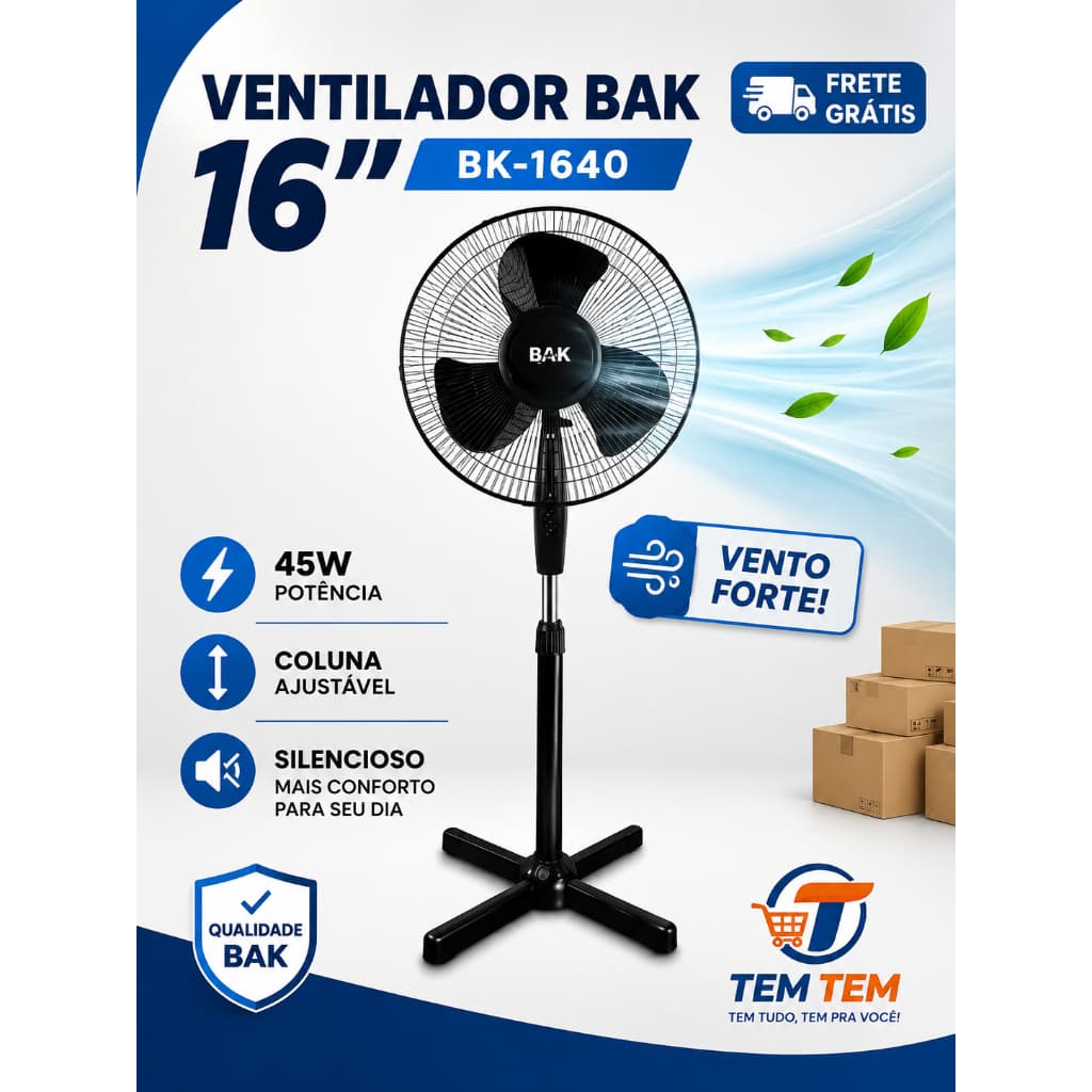 Ventilador de Pedestal BAK - Coluna Regulável 16 Polegadas Silencioso Preto