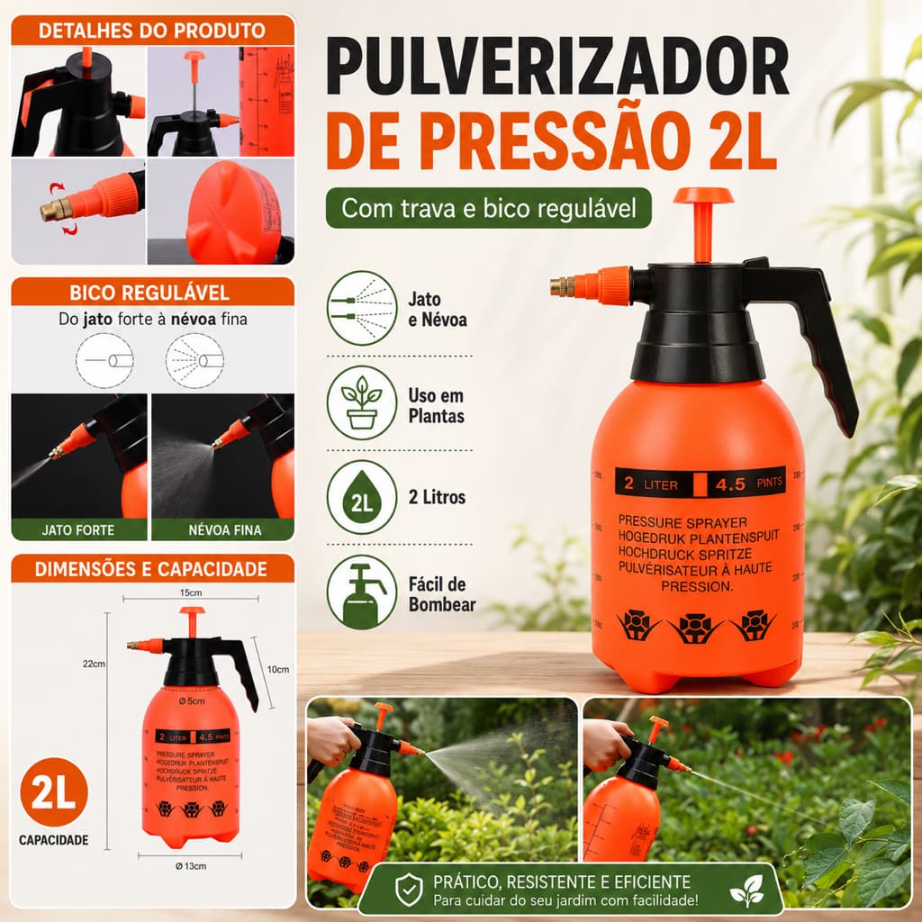 Pulverizador Manual Compressão Spray Borrifador 2l Capacidade Bico Ajustável Válvula Segurança
