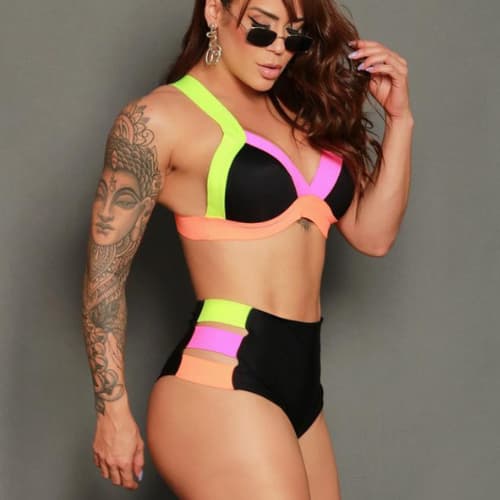Biquíni Hot Pants Elástico Neon Colorido Cós Alto Sutiã Regulável Bojo Fixo 2026
