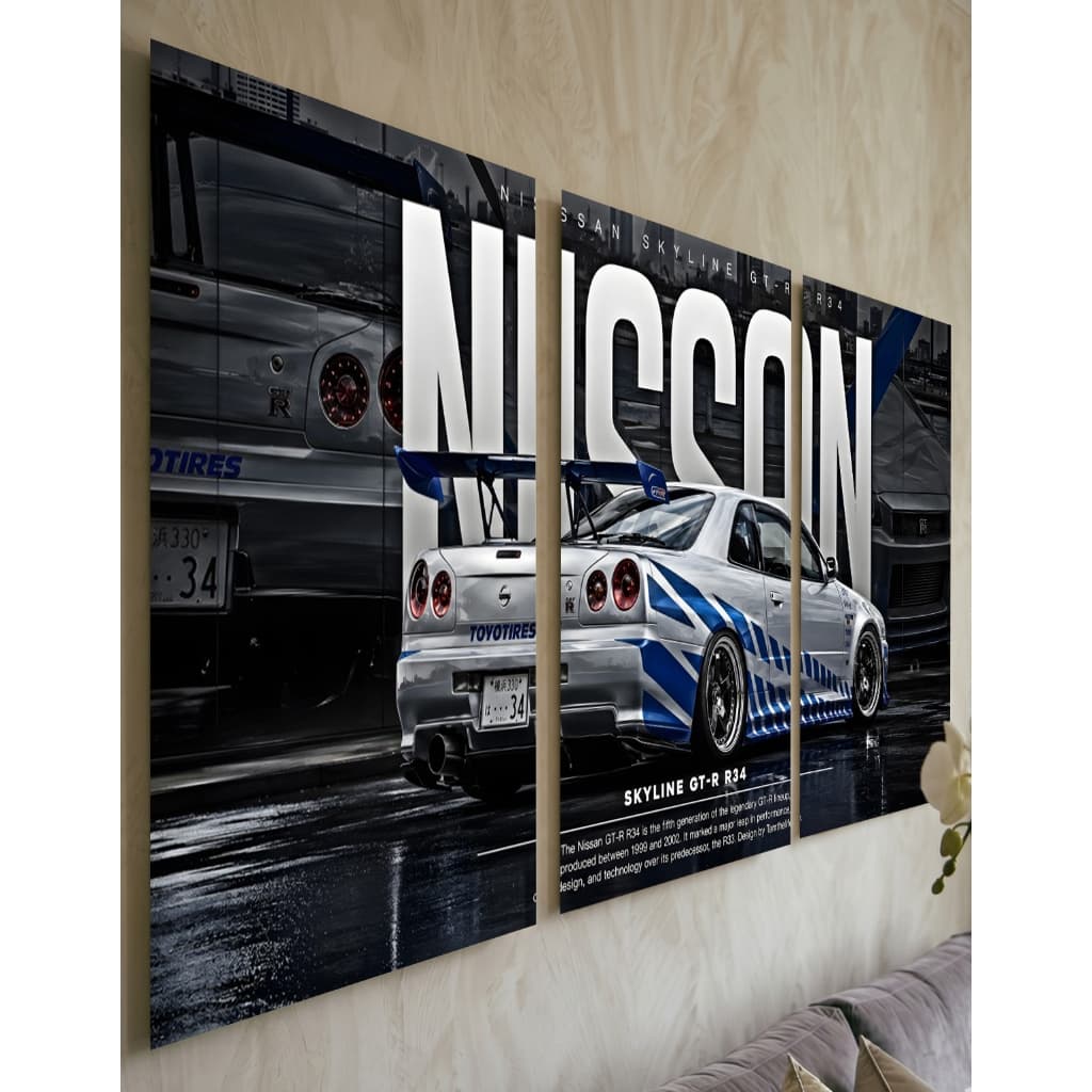 Quadro Decorativo Nissan Skyline GTR R34 Mosaico 3 Peças Carro Esportivo Sala Quarto Decoração