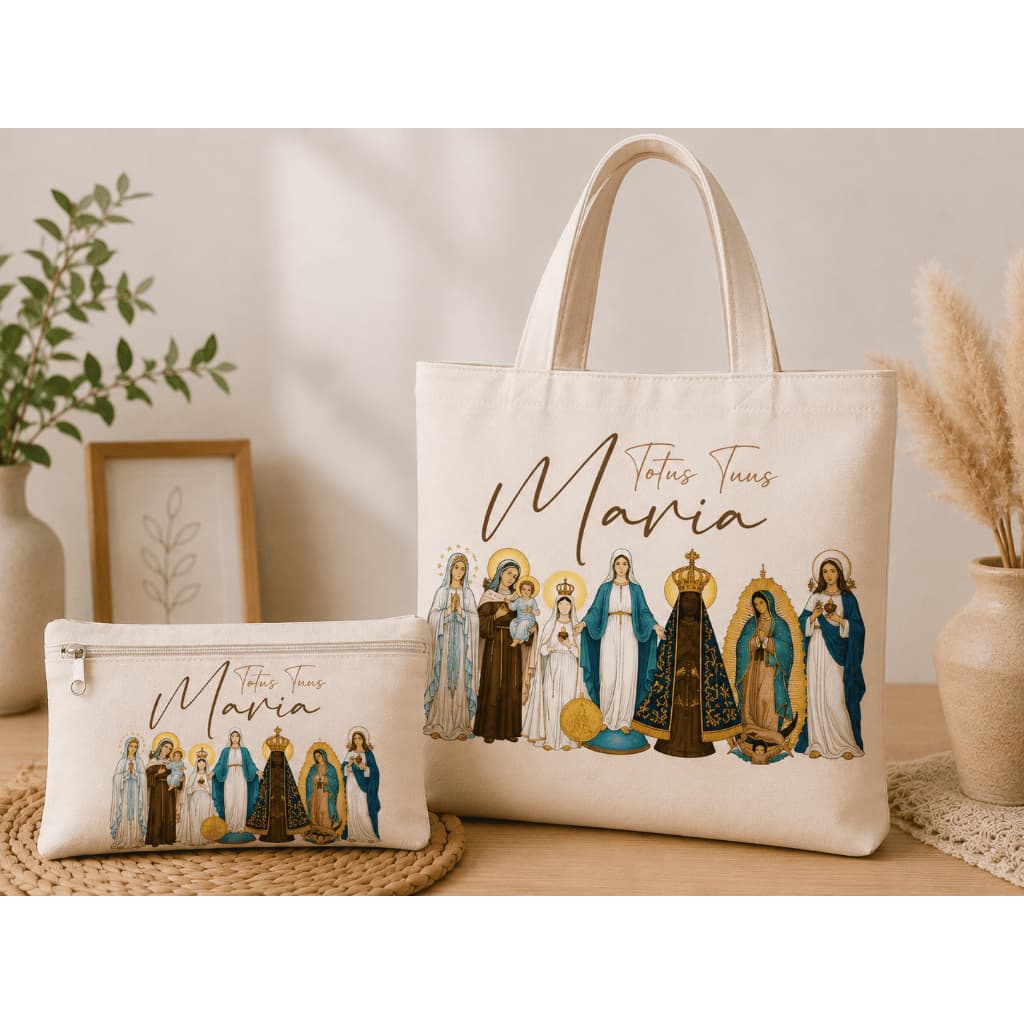 Kit ecobag + necessaire algodão cru sacola estampa bolsa religiosa presente católico
