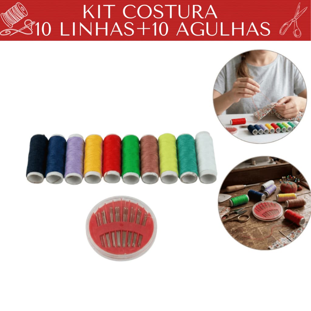 Kit Costura 10 linhas + 10 agulhas Portátil Reparo Doméstico Compacto Básico