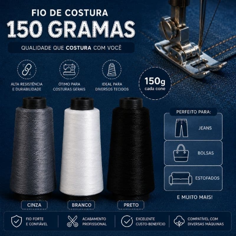 FIO DE COSTURA PARA MAQUINA OVERLOQUE CINZA, BRANCO E PRETO 150GA