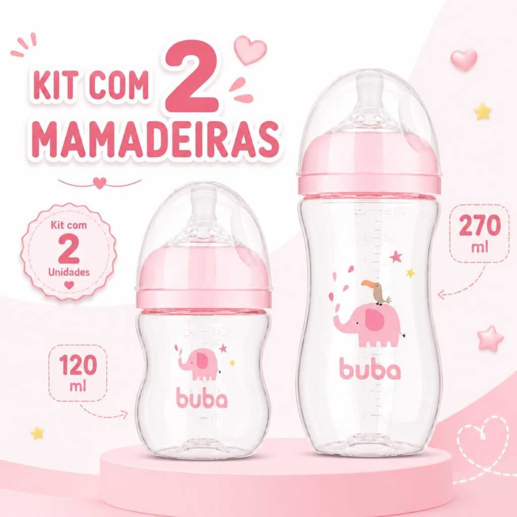 Kit Com 2 Mamadeiras 120 Ml e 270 Ml Para Bebe Buba Com Bico De Silicone Mamadeiras Para Bebes